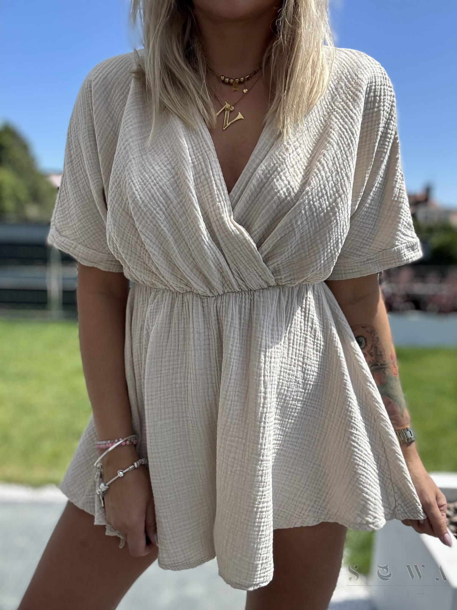 Sukienka/ kombinezon muślinowy Lora (śmietana)  