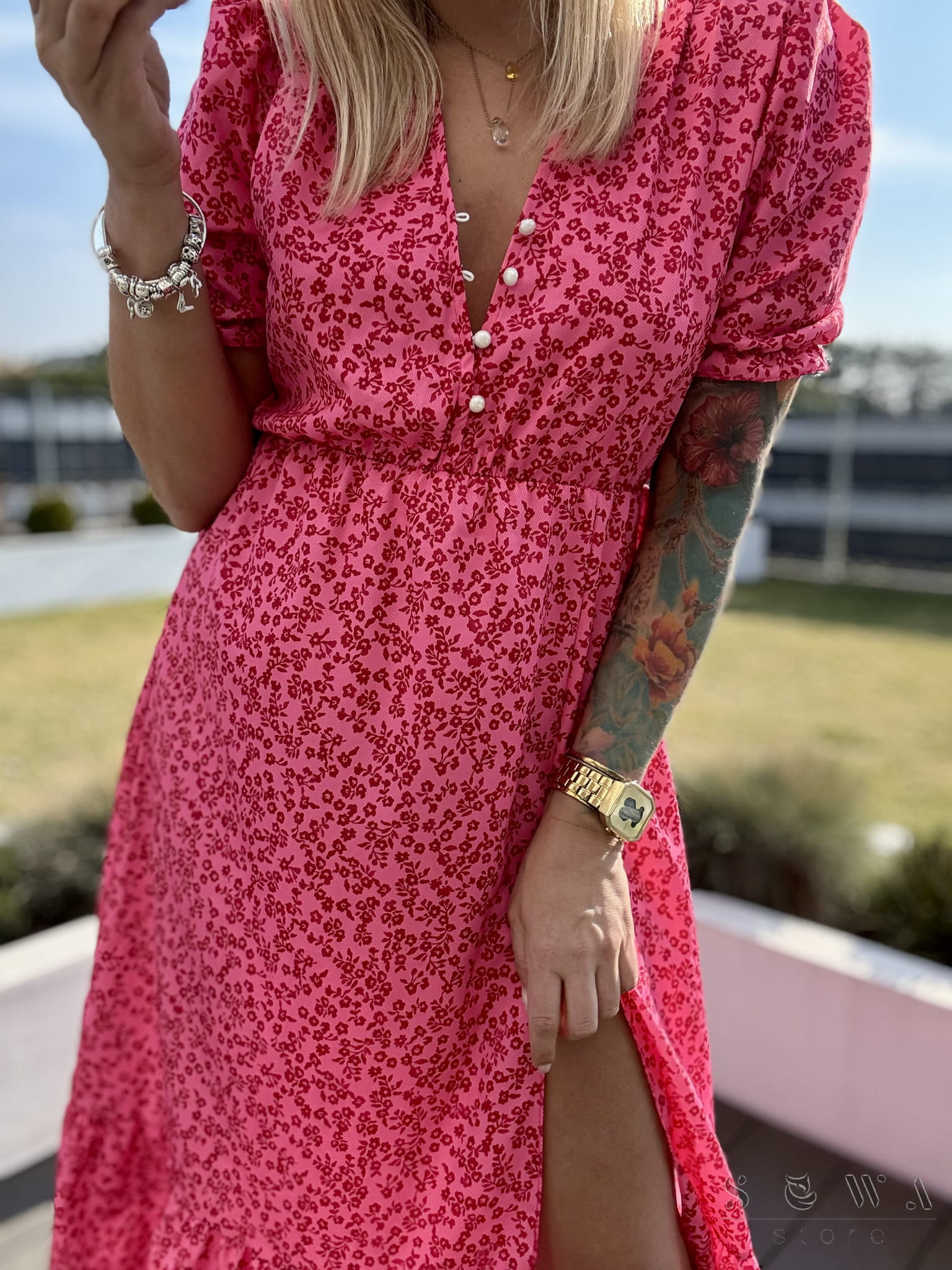 Sukienka damska midi z rozcięciem krótki rękaw Felicja summer -róż/malina